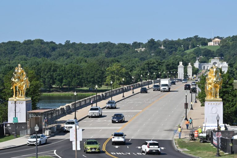 Regilded Arts of War statues at Arlington Memorial Bridge