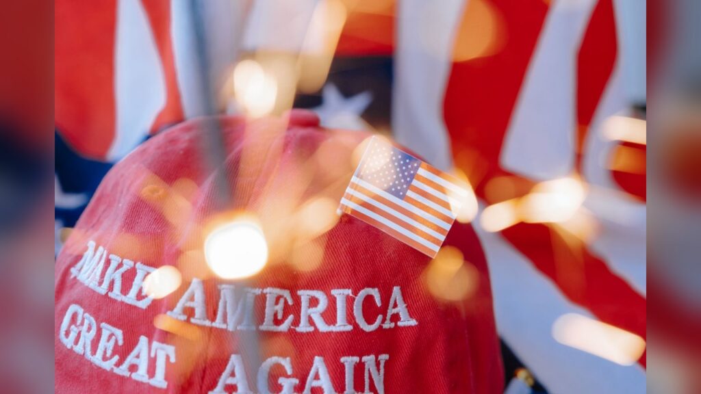 A red Trump 2028 hat worn at the White House Correspondents' Dinner.