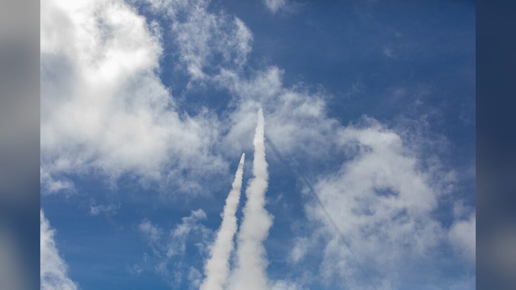 Fifty Patriot interceptor missiles destroyed in a single day over the desert.
